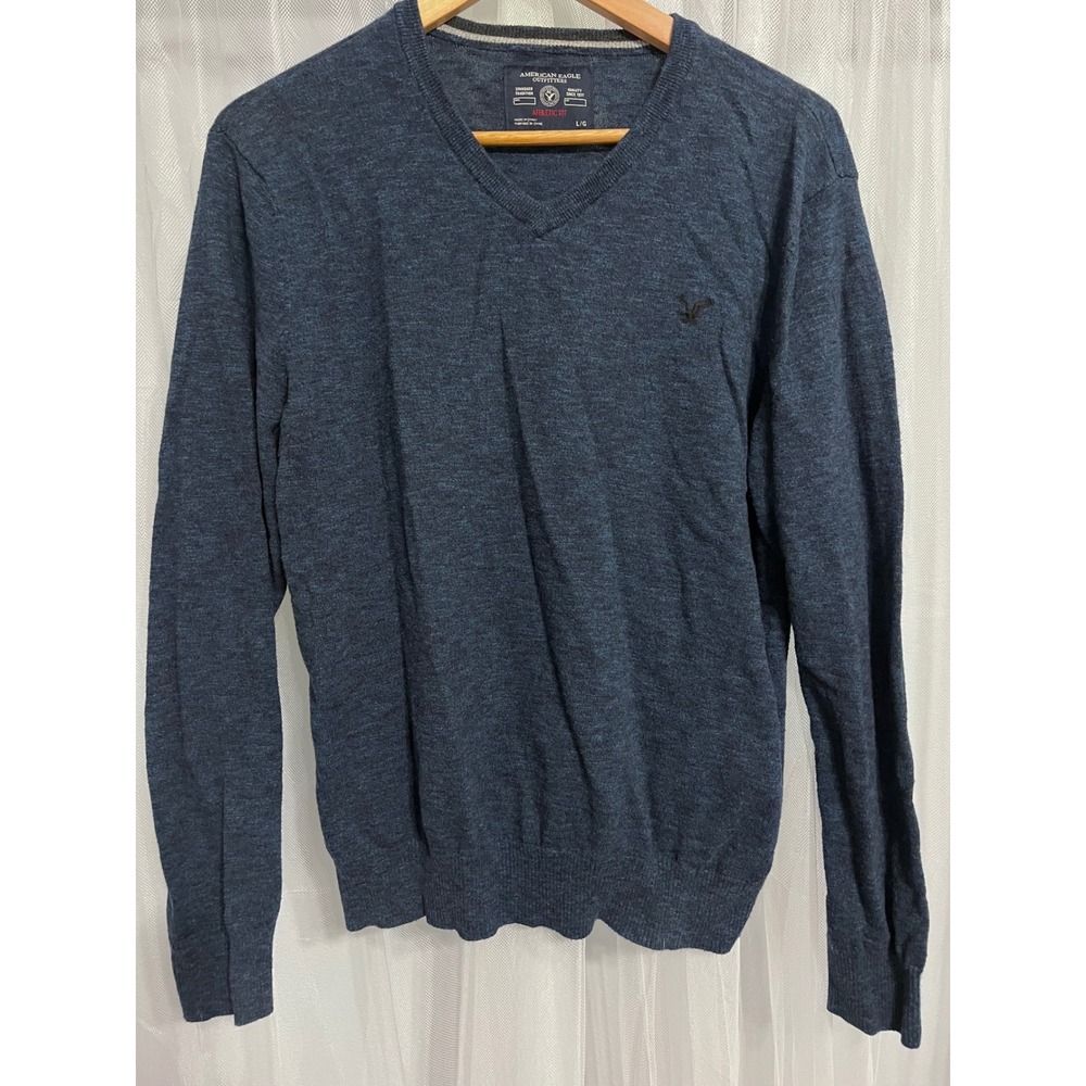 American Eagle Mens Athletic Fit V-Neck Sweater Navy Blue‎ Heather Large L/G